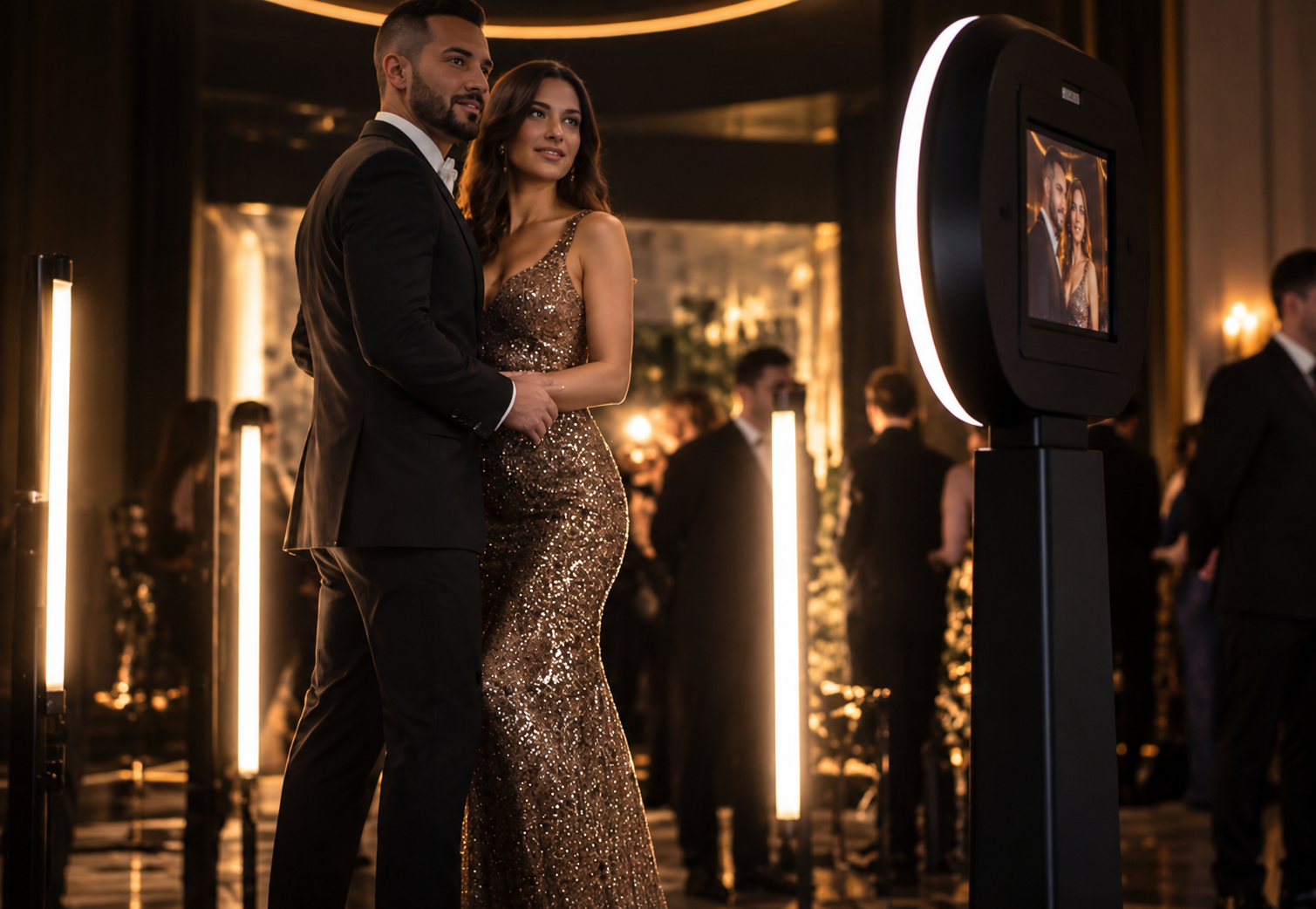 Couple posing together at an Event Mode ring-light photo booth