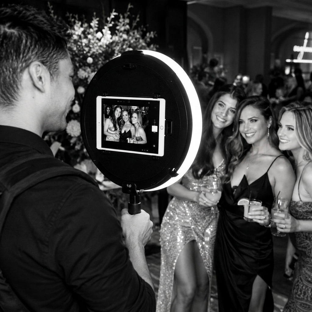 Attendant capturing guests with a roaming ring-light photo booth