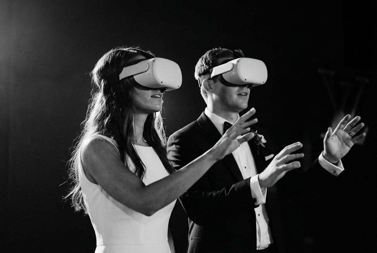Bride and groom wearing VR headsets